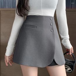 Women's Shorts Grey Office OL Womens Skirts With Button 2024 Fall High Waist Suits Fabric Short Trousers Femme
