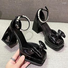 Dress Shoes Women Chunky Heel Designer Square Toe Buckle Goth High Heels Platform Mary Janes Patent Leather Pumps Black