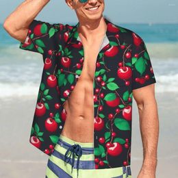 Men's Casual Shirts Cute Cherries Print Hawaiian Shirt Men Beach Green Leaves Short Sleeve Comfortable Design Novelty Oversize Blouses