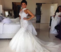 Arabic Midwest Abaya Cheap white Ivory Plus Size Lace mermaid wedding dress sleeveless Beaded Crystal Chapel Train Bridal Gowns1144621