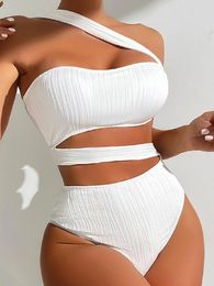 Women's Swimwear One Piece Swimsuit Sexy White Ribbed Shoulder Woman 2024 Cut Out Monokini Bandage Cross Swimming Wear Bathing Suit