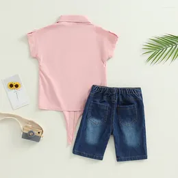 Clothing Sets Toddler Girl 2Pcs Summer Outfits Short Sleeve Knot Hem Button Down Shirt Denim Shorts Set Kid Clothes