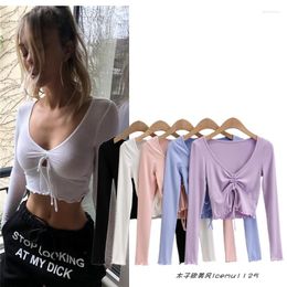 Women's T Shirts French Retro Chest Pleated Drawstring Strap Ruffle V-neck T-shirt High Waist Slim Looking Long Sleeve Short Top Autumn