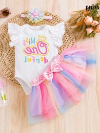 Set Girls' Baby Summer Apparel Baby Flying Sleeveless Romper Rainbow Dress Hair Accessories 3 Piece Set New