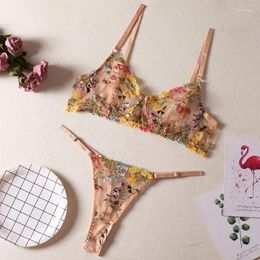 Women's Swimwear Floral Embroidered Bikini Set Transparent 2-Piece Boho Bra Panties Underwear 2024