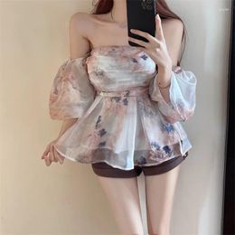 Women's Blouses Gagaok Unique Gentle Style Floral Exposed Shoulder Sleeves Slim Chiffon Strapless Shirt Women Summer Sweet Tops