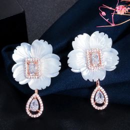 Dangle Earrings ThreeGraces Shiny Cubic Zirconia Rose Gold Color Natural Shell Flower Drop For Women Fashion Party Jewelry ER963