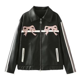 womens sweet cool bow retro black leather jacket to show off your sexy figure 240408