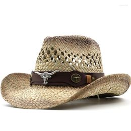 Berets Women Western Cowboy Hat Natural Straw Handmade Weave Decorative Felt Beach Seaside Camping Fashion Men Jazz