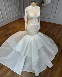 Sparkling Mermaid Wedding Dress 2024 Arab Dubai Emboridery Beading Long Sleeve O Neck Bridal Gowns Robe De Mariage Custom Made