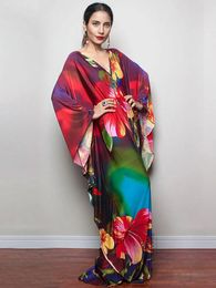 2024 Floral Print Maxi Dress Batwing Sleeve Tunic Summer Beach Casual Plus Size Kaftan Women Beachwear Coverups Q1289 240417