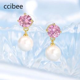 Dangle Earrings Fashion Personality Commuting OL Temperament Pearl Pink Zircon Copper Gold-plated Female