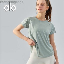 Desginer Alooo Yoga Top Shirt Clothe Short Woman New Split Hollow Cover Up Womens Light Thin Quick Drying Short Sleeve T-shirt Loose and Breathable Fitness Suit