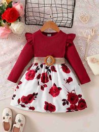 Girl's Dresses Children Girls Fashion Dress Red Long Sleeved Flower Skirt with Belt Birthday Party Wear Autumn Outfits for Girl 1-7 Years d240423