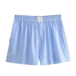 Sonowlee feminino verão azul listras brancas sono shorts básicos eletish elástico elástico de alta cintura alta calças de perna larga de perna curta