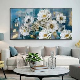 Modern Floral White Blue Watercolour Posters Wall Art Canvas Painting Prints Pictures Living Room Interior Home Decoration