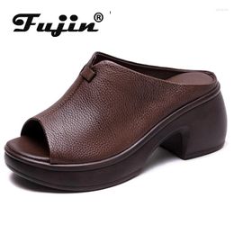 Slippers Fujin 6cm Women Flats Slipper Slip On Good Flexible Peep Toe Shoes Cow Genuine Leather Summer Lightweight Rubber Comfy