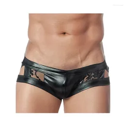 Underpants Men Vinyl Underwear Lingerie Sexy Low Waist Lace Patchwork Briefs Breathable Erotic Fetish Mens Sex Leather