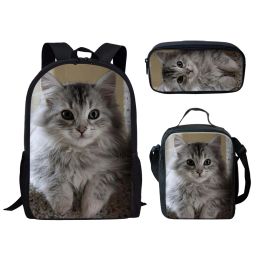 Bags 3D Prints Kitty Cat 3 Pcs School Bags for Boys Large Capacity Child Bookbags Cute Animal School Bags Travel Aesthetic Backpack