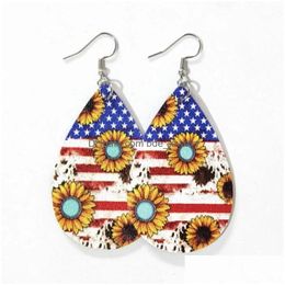 Dangle Chandelier Earrings Double Side Faux Leather Teardrop Independence Day 2023 Cheetah Sunflower Usa Flag Print Patriotic Jewe Dhjgo