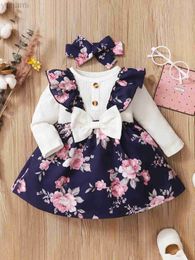 Girl's Dresses 0-2 Year Old Newborn Children Baby Girl Spring and Autumn Round Neck Fake Two Piece Long Sleeve Spliced Flower Print Dress d240423