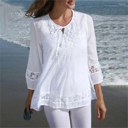 Women's Blouses Boho Lace Patchwork Blouse Summer 3/4 Sleeve O-neck Lace-up Shirt Women Elegant Holiday Tops Female Casual Work 2024