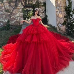 Red Sweetheart Quinceanera Dress Ball Gown Puffy Dress 16th Birthday Off The Shoulder Applique Beads Tull vestido de 15 anos