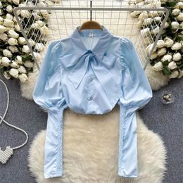 Women's Blouses Spring Fashion Blouse For Women Sales Turn-down Collar Bow Lapel Single Long Puff Sleeve Shirts French Chic Female Tops