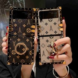 Cell Phone Cases Suitable for Samsung ZFLIP5 trendy classic pattern Korean ZFLIP3/4 stand folding anti drop phone case H240419