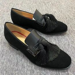 Casual Shoes Luxury Men Tassel Loafers Fashion Black Suede Leather Handmade Men's Flats Slip On Party