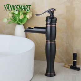 Bathroom Sink Faucets YANKSMART Oil Rubbed Bronze Black Single Handle Faucet Waterfall Basin Deck Mounted Cold And Mixer Tap