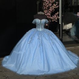 Baby Blue Princess Dresses Prom Ball Gown Sequins Appliqued Off Shoulder Vestido De Quinceanera Glitter Tulle Masquerade Dress