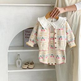 Clothing Sets 2024 Spring Ins Infant Girl 2PCS Clothes Set Cotton Cherry Jacquard Long Sleeve Coat Suspender Romper Suit Toddler Outfit