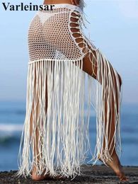 2024 Knitted Tassel Bikini Bottom Beach Cover Ups Dress Wear Women Tie Up Hallow Out Bather Bathing Suit V2366 240417