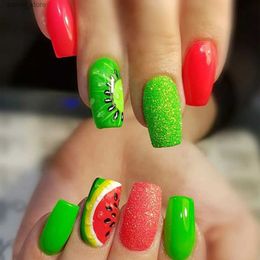 False Nails Summer Watermelon Pattern Fake Nails Full Cover Press on Nail Patch Green Red Sqaure Head Fake Nail Tips for Girl Women 24pcs Y240419