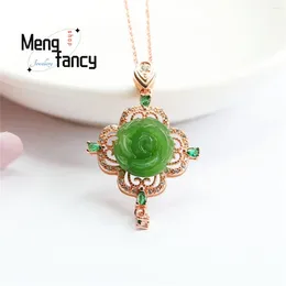 Chains Natural S925 Silver Inlaid Hetian Jasper Flower Large Green Diamond Hollow Necklace With Simple Personality Fashion Fine Jewellery