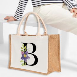 Bags Alphabet Flower Print Women Tote Bag Jute Burlap Large Reusable Grocery Bags with Handles Shopping Bag Travel Storage Organizer