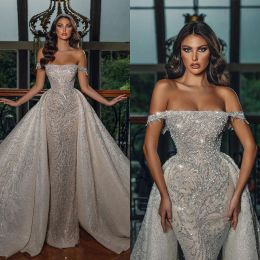 Gorgeous Mermaid Wedding Dresses Beads Sequins Appliques Lace Off Shoulder Bridal Gowns Custom Made Detachable Train