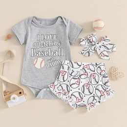 Clothing Sets Kids Born Baby Boys Girls Summer Outfits Short Sleeve Rompers Tops Baseball Ruffles Shorts Headband Toddler Casual Clothes