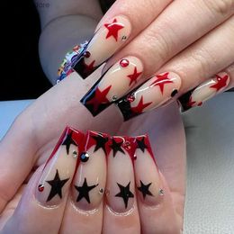 False Nails 24pcs Diamond Ballet False Nail Red and Black Star Decor Fake Nail Patches Wearable Removable Lady Coffin Press on Nail Tips Y240419