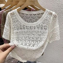 Women's T Shirts Stylish Summer Loose Thin Short Sleeve T-Shirt Knitted Hollow Out Crop Tops Aesthetic Women Clothes Solid Casual Vacation