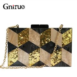 Bags New Female Black Pearlescent Acrylic Evening Bags Vintage Women Messenger Bags Gold Sequins Clutches Patchwork Party Handbags