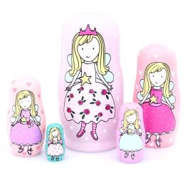 Dolls 5pcs Nesting Dolls Handmade Wooden Cute Cartoon Pink Angel Girls Pattern 6"