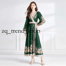 Woman Paisley Floral Green Maxi Dresses Vintage Designer Puff Sleeve Vacation V-neck Belted Side Bow Wrap Dress 2023 Spring Autumn Elegant Fit Runway Party Frocks 8 57