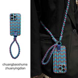 Cell Phone Cases Blue striped woven crossbody suitable for iPhone 14 Promax phone case 13 Pro full package 12/11 H240419