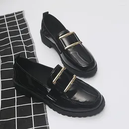 Dress Shoes Solid Black Leather Oxford Fad Autumn Women Female Low Heels Slip On British Metal Buckle Casual Woman