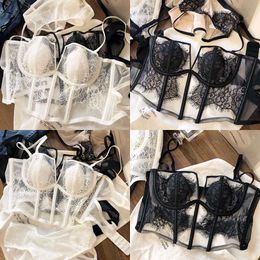 Sets Bras S M L XL White Black Deepv Neck Lash Lace Underwear Fishbone Waistcoat French Boob Tube Top Ultrathin Transparent Lingerie 231031 X ash ace ingerie