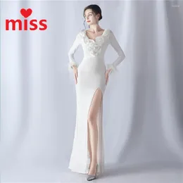 Casual Dresses Luxury Party Dress High End Customised Ruffle Edge V-neck Ostrich Bead Piece Long Sleeve Product 2024 Wedding Evening