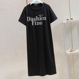 Summer Loose Slimming Rhinestone T Shirt Dress Womens Clothing Student Korean Style Commuter Mid Length Fairy Skirt Fashion