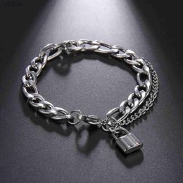 Chain Hip Hop Jewellery for Men Stainless Steel Double Layer Cuban Chain Bracelet for Women Padlock Pendant Jewellery for Party Gift d240419